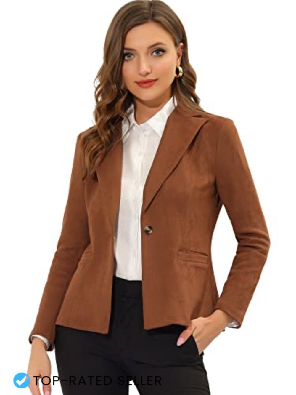 Faux Suede Blazer Long Sleeve Lapel Collar Button Closure Work Office Jacket